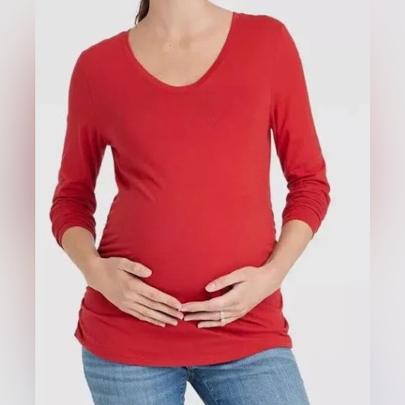 Women’s Ingrid Maternity Long Sleeve Shirred Shirt Size L Red - Picture 1 of 4